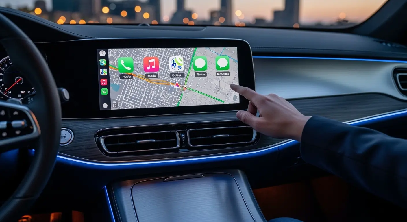 Modern bir otomobilin dokunmatik ekranında çalışan Apple CarPlay arayüzü; ekranda navigasyon uygulaması ve çeşitli simgeler görünüyor.