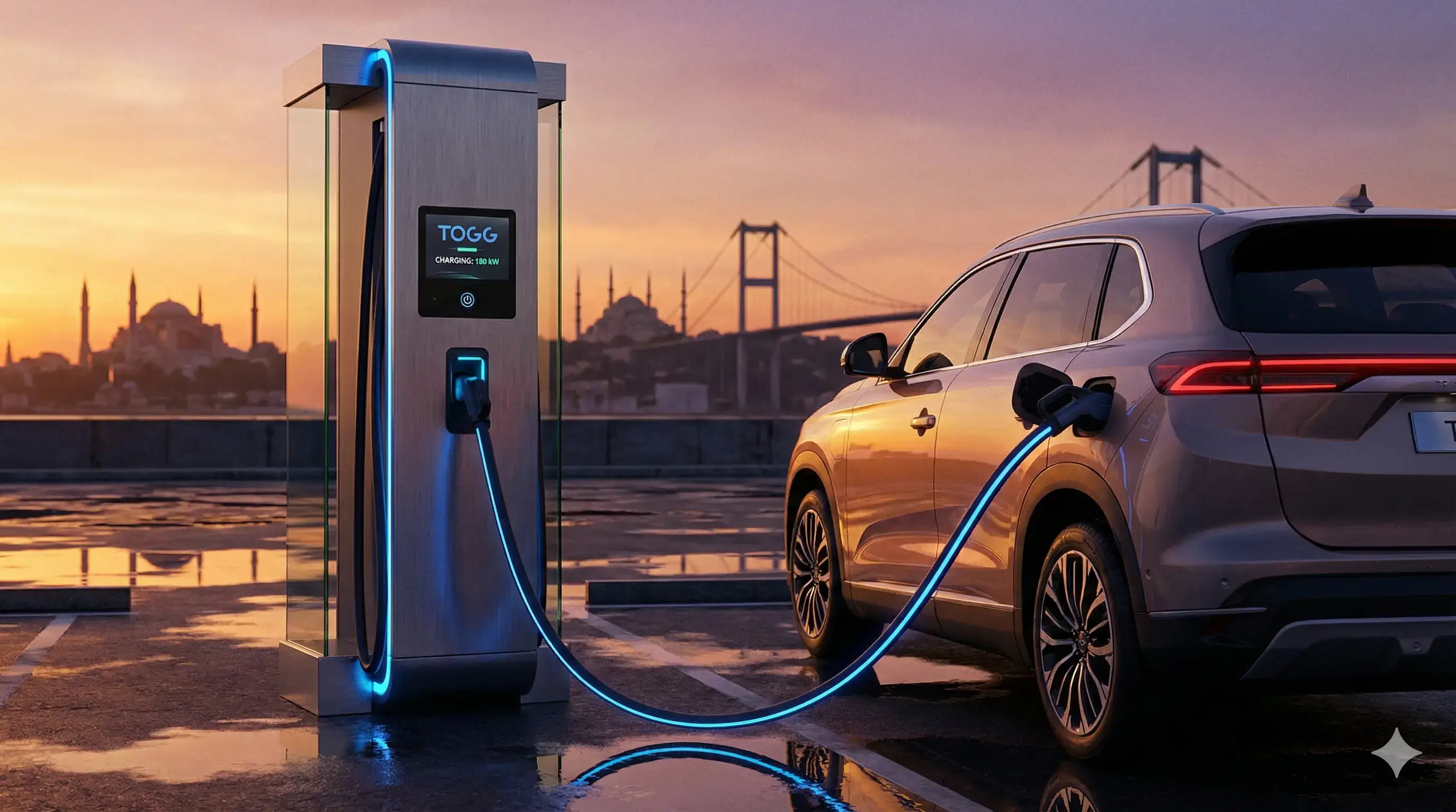 Togg T10X elektrikli araç hızlı şarj istasyonunda gün batımında şarj oluyor