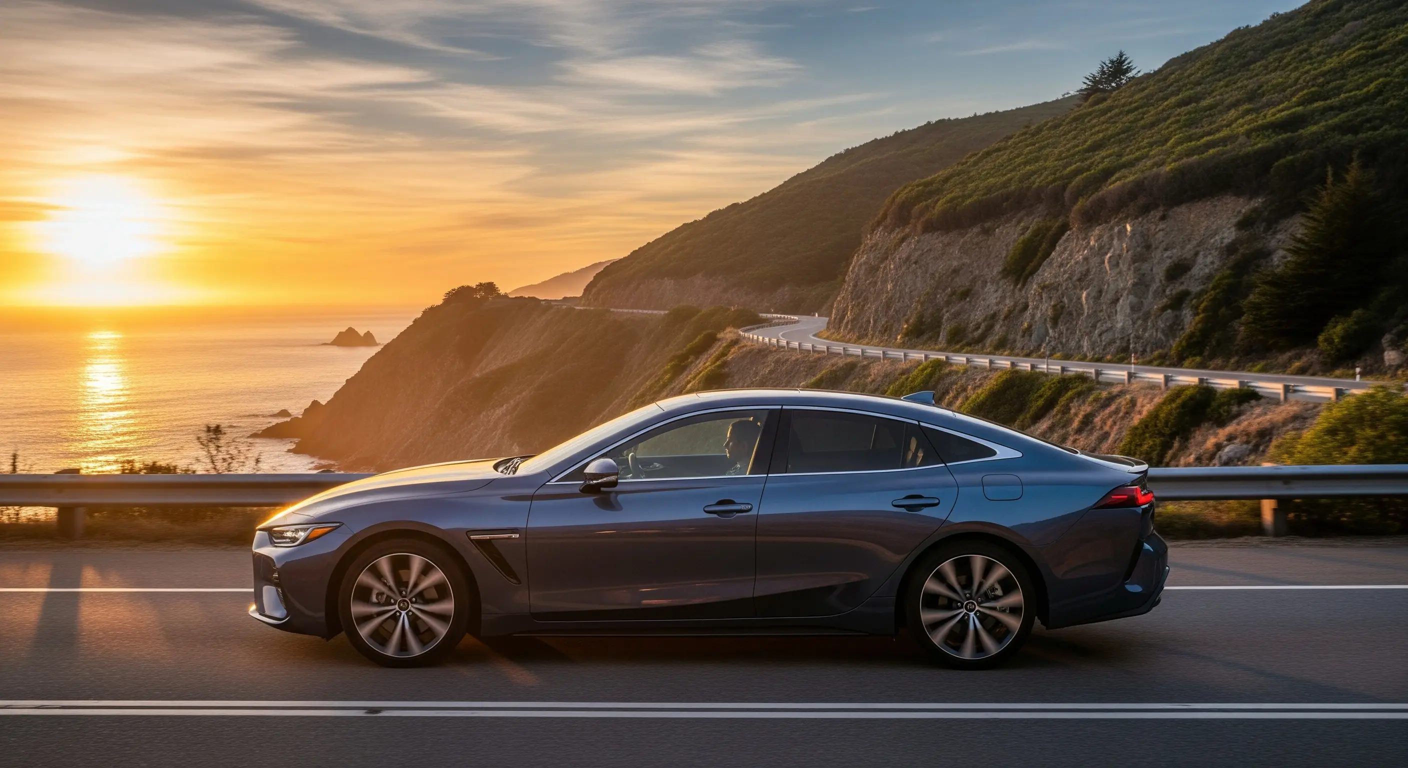 Gün batımında modern bir hibrit otomobilin yandan görünüşü