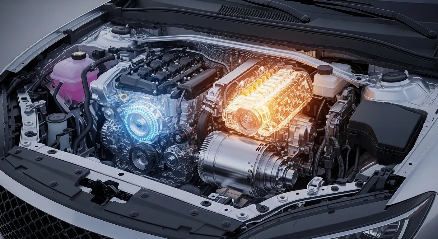 Hibrit bir arabanın kaputunun altındaki motor ve batarya sistemi.