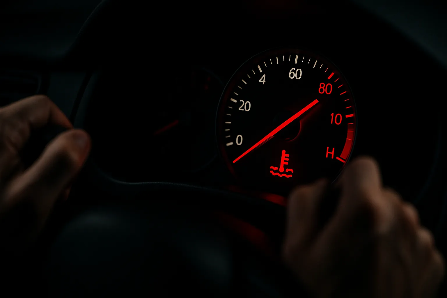 Bir arabanin gosterge panelinde yanan motor ariza isigi ve kirmiziya yukselmis hararet gostergesi