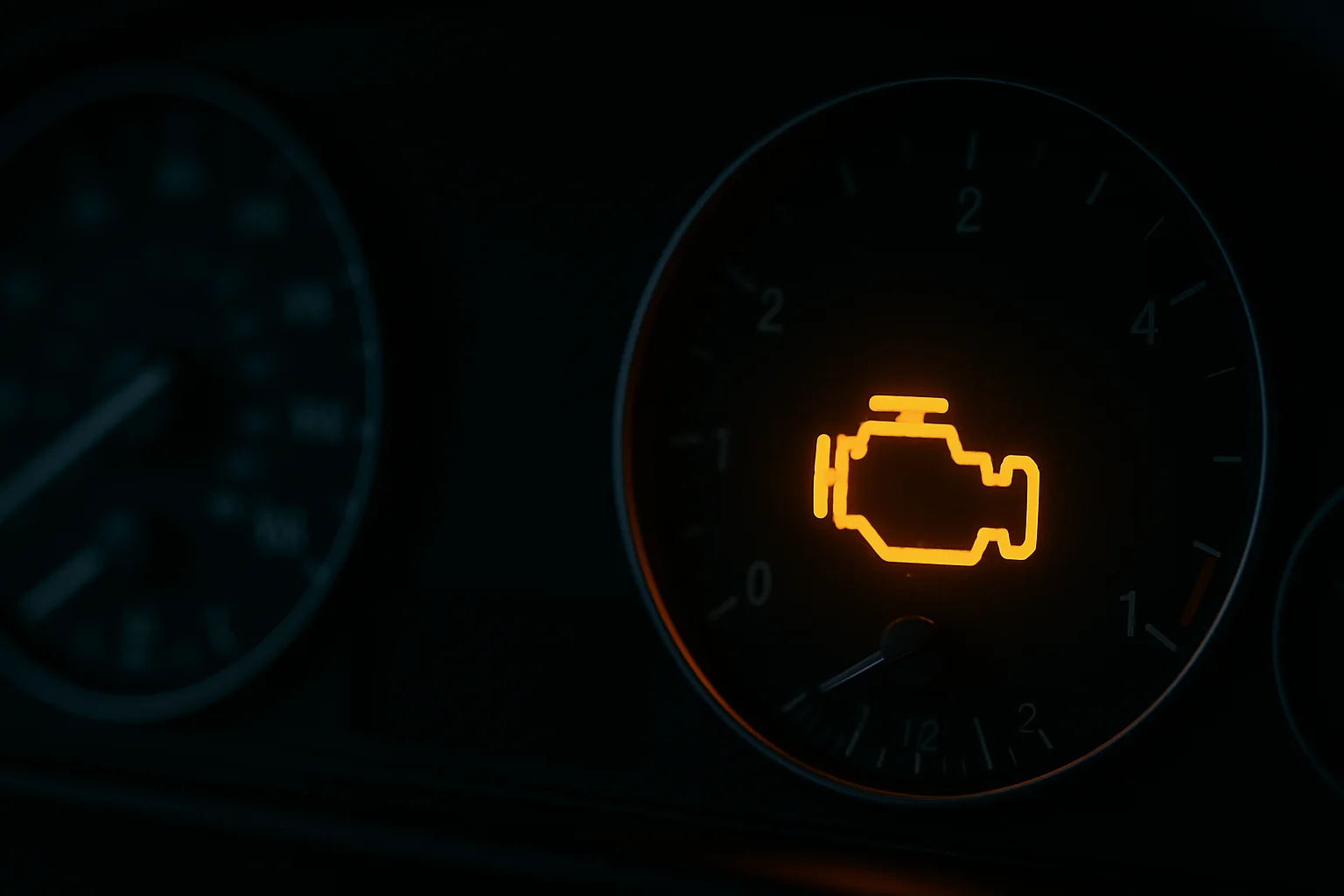 Arabanın gösterge panelinde parlak sarı renkte yanan motor arıza lambası ikonu