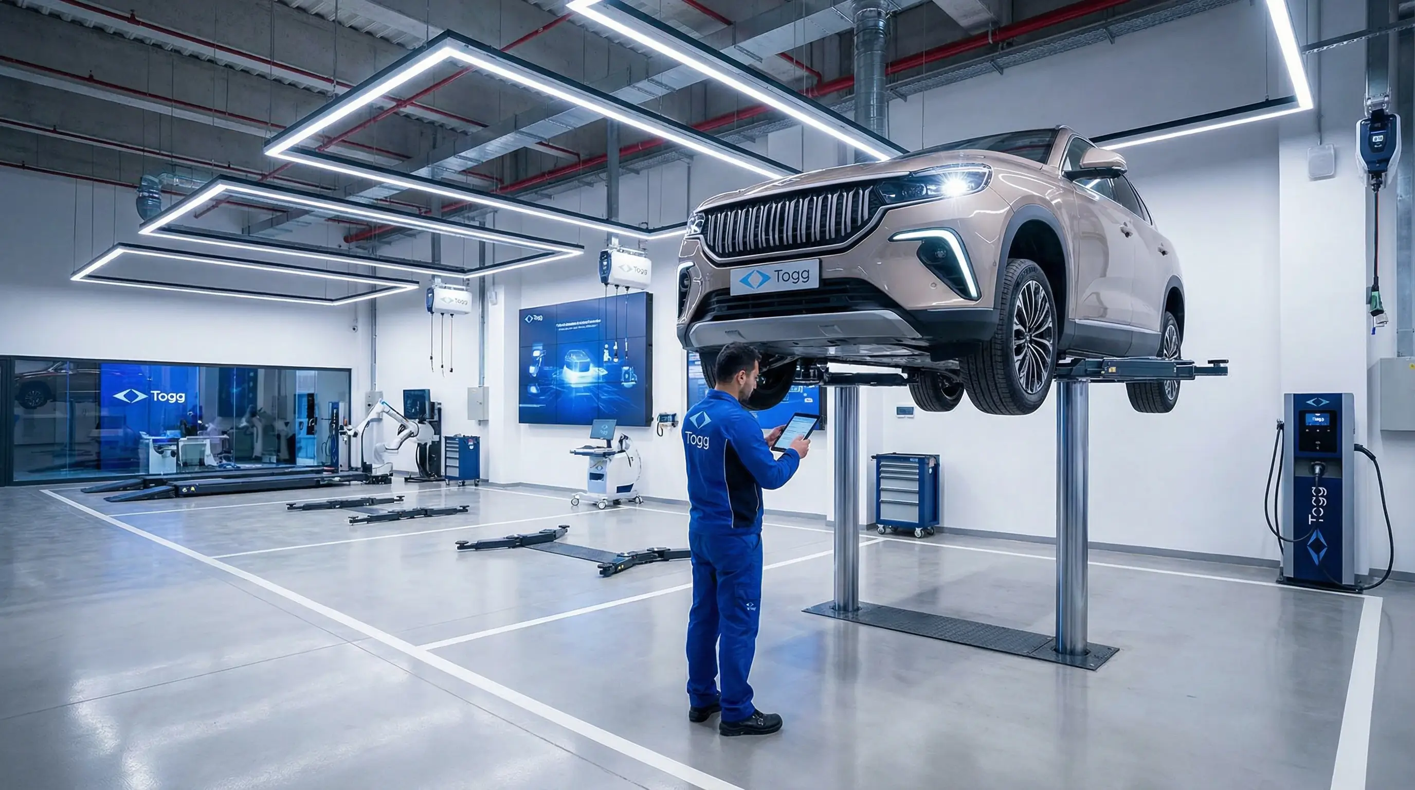 Lifte kaldırılmış Togg T10X elektrikli aracın alt takım ve batarya kontrollerini diyagnostik cihazla yapan uzman teknisyen
