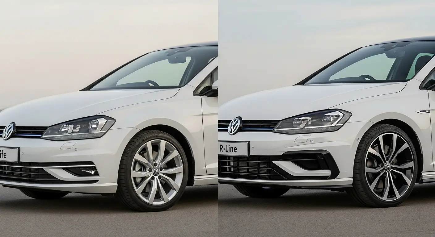 Volkswagen Golf'ün Style ve R-Line donanım paketleri arasındaki tampon, jant ve tasarım farklarını gösteren karşılaştırmalı resim.