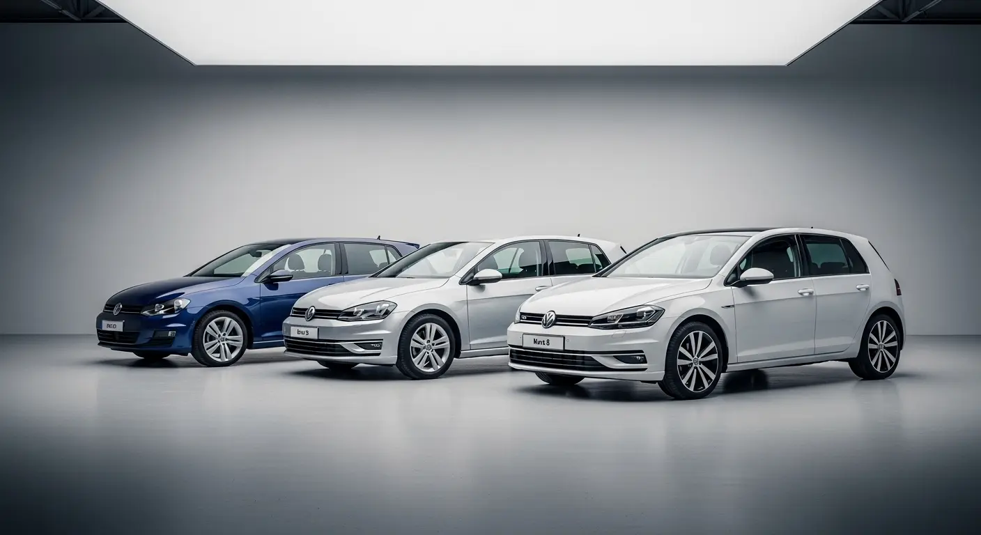 Üç farklı nesil Volkswagen Golf yan yana: Klasik Golf 7, makyajlı Golf 7.5 ve modern Golf 8'in tasarım evrimini gösteriyor.