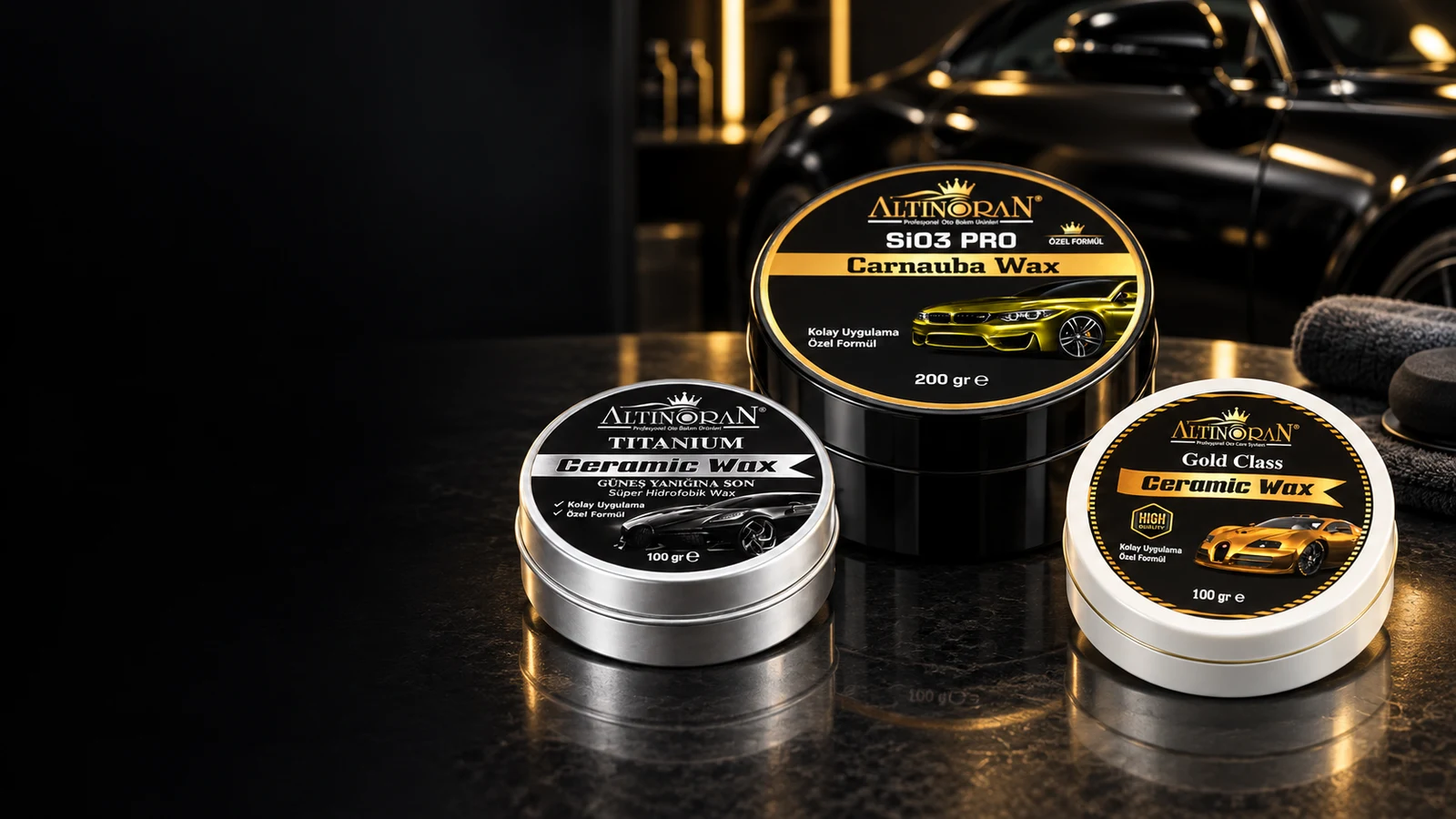 Altınoran Titanium 100 g, Gold Class 100 g ve SiO3 Pro 200 g seramik wax kavanozları