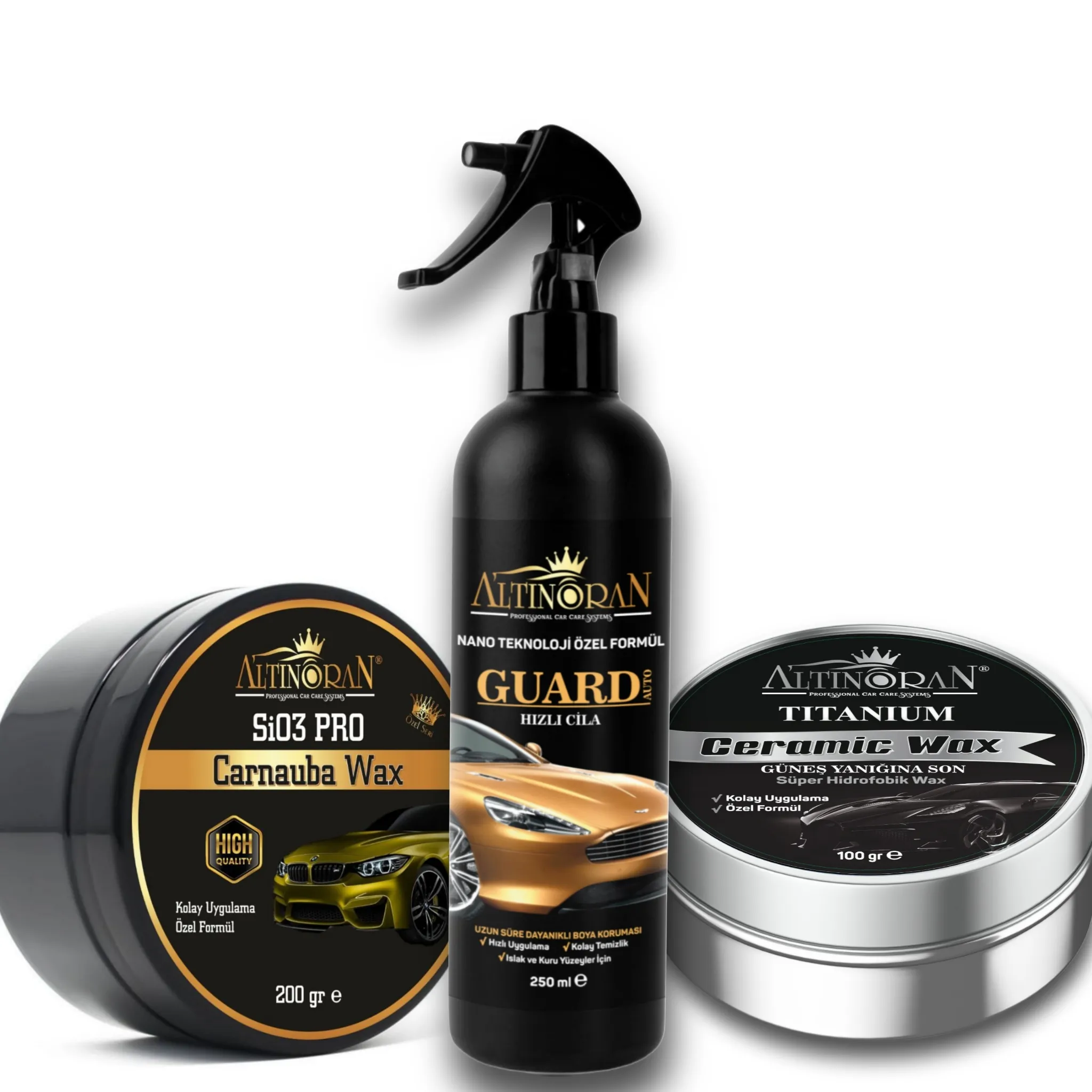 Altınoran Kimya Üçlü Ürün Paketi: Altın Oran Sio3 Pro Carnauba Wax Ceramic Wax Krem Cila, Altın Oran Titanium Seramik Katkılı Wax Krem Cila ve Altın Oran Guard Auto Seramik Katkılı Hızlı Cila ile aracınızın bakımını en üst seviyede gerçekleştirin.