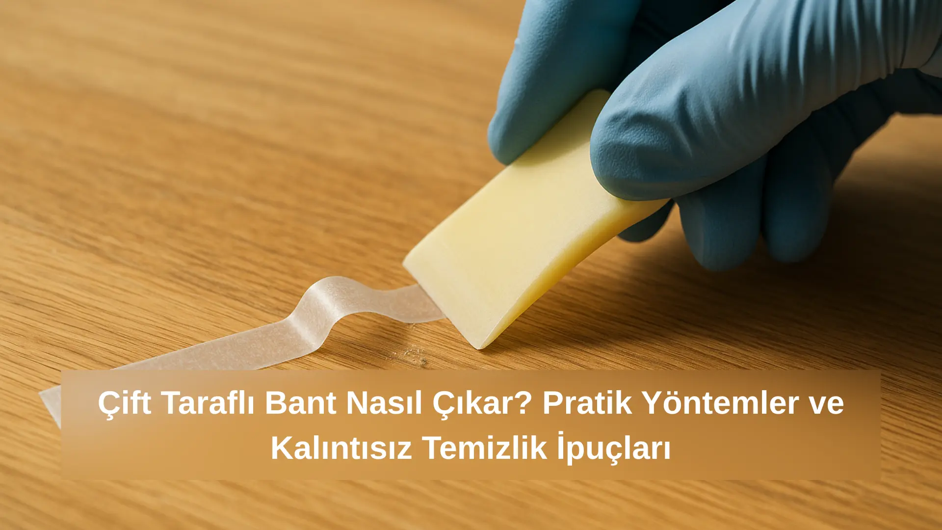 ahşap yüzeyden çift taraflı bandın plastik kazıyıcıyla kaldırılması