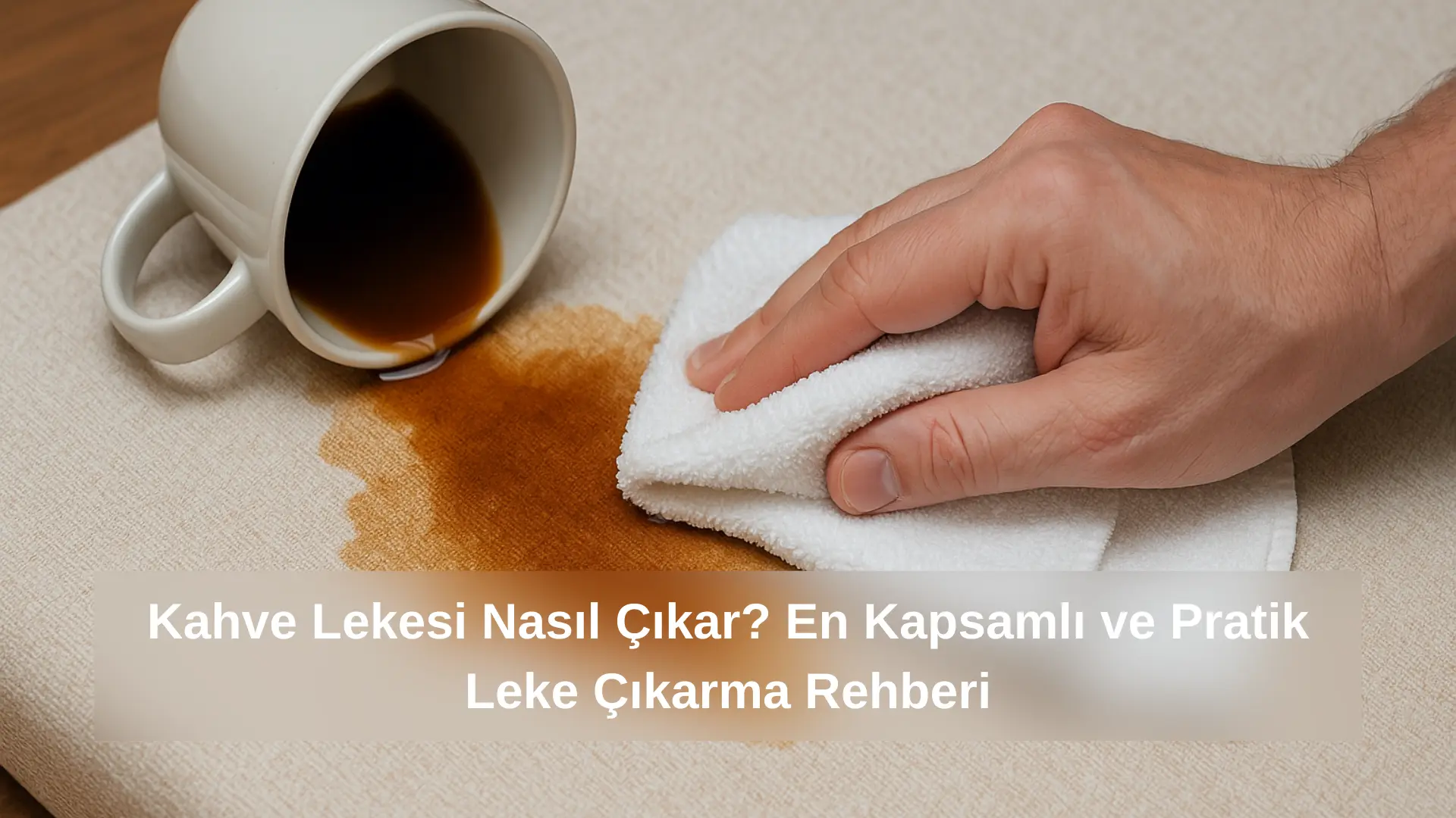 Açık renkli kumaş üzerine dökülen kahve lekesi, beyaz bir bezle nazikçe siliniyor