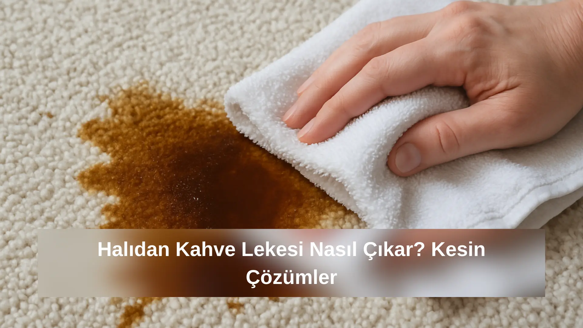 Açık renkli halı üzerinde bir kahve lekesi, beyaz havlu ile nazikçe siliniyor