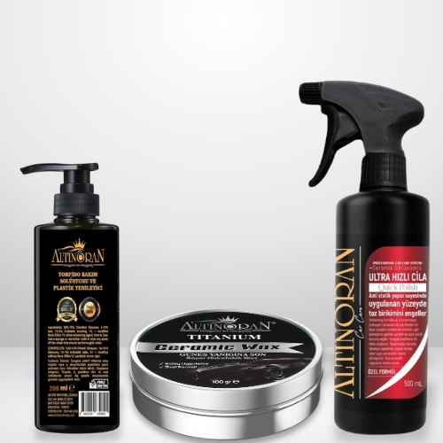 Altınoran Titanium Seramik Wax, Ultra Hızlı Cila ve Torpido Parlatıcı ürünlerinden oluşan araç bakım seti