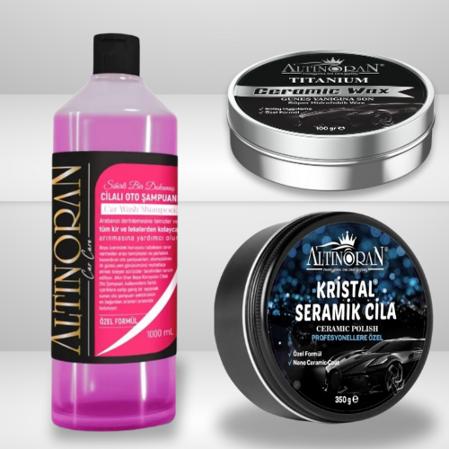 Altınoran Cilalı Oto Şampuanı, Titanium Seramik Wax ve Kristal Seramik Hızlı Cila ürünlerinden oluşan oto bakım seti