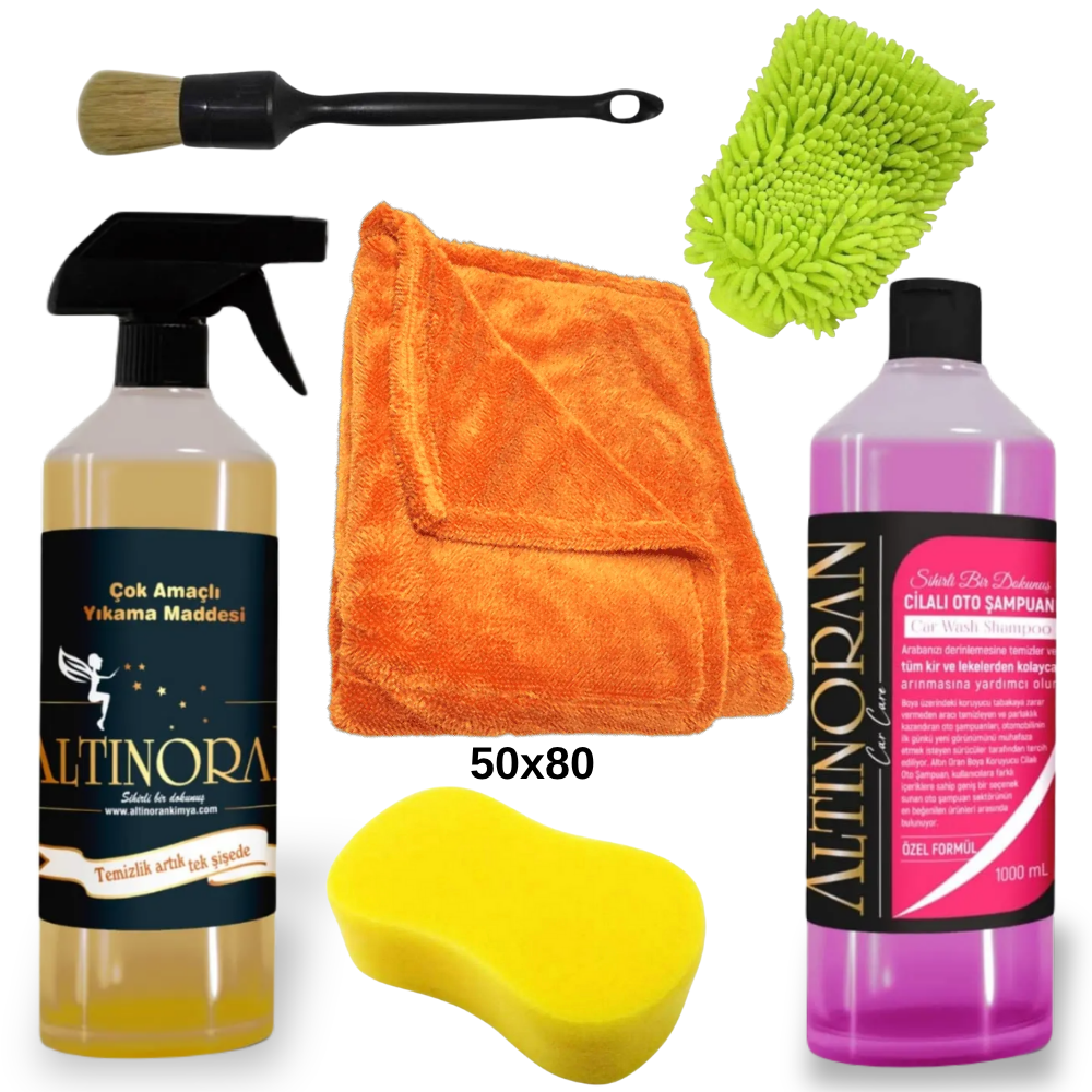 Altınoran profesyonel araç temizlik seti ve tüm ürünler bir arada-Altınoran pH nötr cilalı oto şampuanı ile güvenli yıkama-1200 gsm mikrofiber oto kurulama bezi ile çiziksiz kurulama-Mikrofiber oto yıkama eldiveni ve oto yıkama süngeri ile hassas temizlik