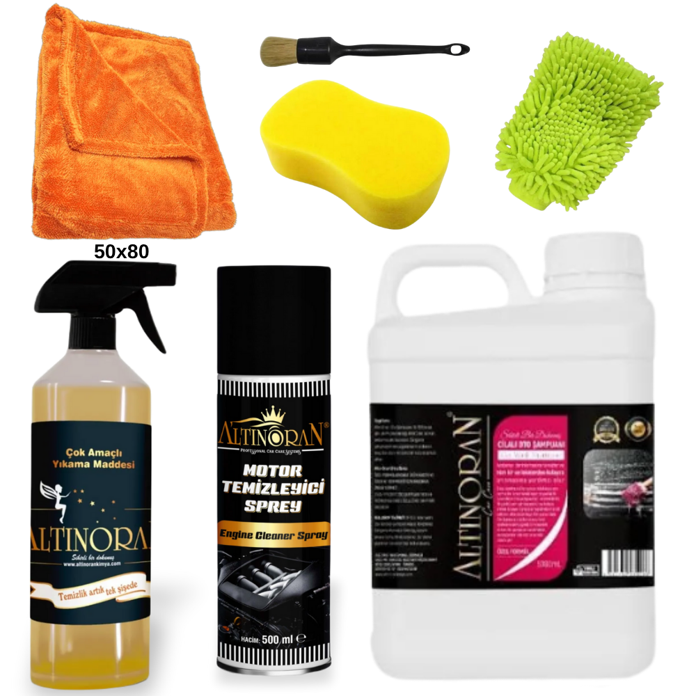 Altınoran profesyonel araba yıkama seti ve 5kg şampuan-Altınoran cilalı oto şampuan-1200 gsm mikrofiber oto kurulama bezi ile araba kurulama-Susuz motor temizleme spreyi ile araba motoru temizliği