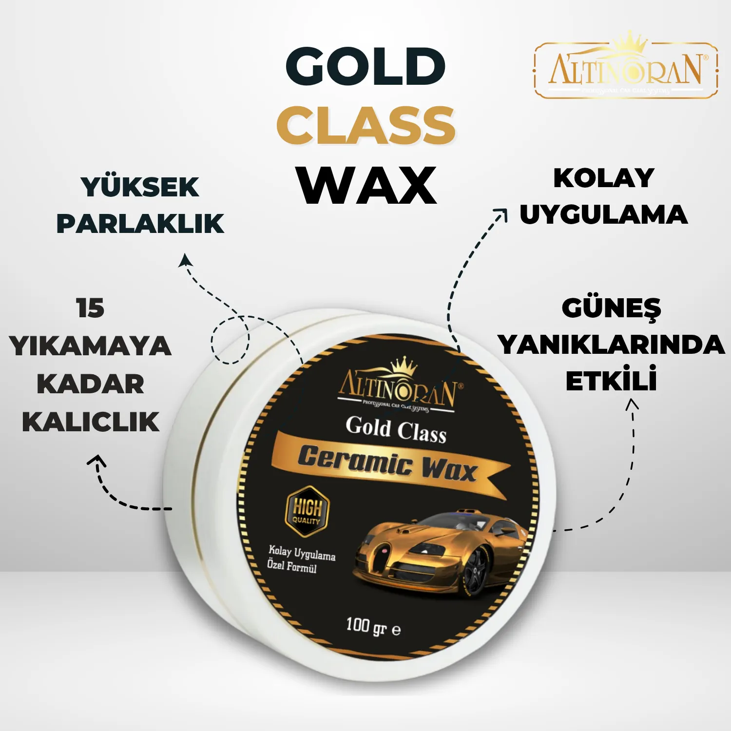 Beyaz kutudaki Altınoran Gold Class Ceramic Wax ve Ultra Hızlı Cila sprey şişesinin bir arada olduğu premium parlaklık seti görseli.-Altınoran Gold Class Ceramic Wax ürününün özelliklerini anlatan tanıtım görseli. Yüksek parlaklık, kalıcılık ve güneş yanıklarında etki gibi faydaları belirtilmiştir.-Altınoran Ultra Hızlı Cila ürününün yüksek parlaklık, hidrofobik su iticilik ve kolay uygulama gibi özelliklerini gösteren tanıtım görseli.-Altınoran Gold Class Wax ve Hızlı Cila setinin faydalarını gösteren görsel. 2X yüksek parlaklık, kolay uygulama ve su iticilik gibi özellikler vurgulanmıştır.