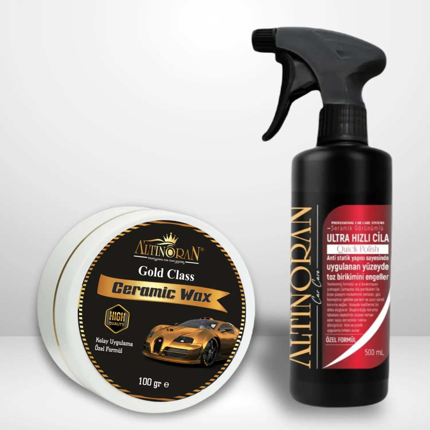 Beyaz kutudaki Altınoran Gold Class Ceramic Wax ve Ultra Hızlı Cila sprey şişesinin bir arada olduğu premium parlaklık seti görseli.-Altınoran Gold Class Ceramic Wax ürününün özelliklerini anlatan tanıtım görseli. Yüksek parlaklık, kalıcılık ve güneş yanıklarında etki gibi faydaları belirtilmiştir.-Altınoran Ultra Hızlı Cila ürününün yüksek parlaklık, hidrofobik su iticilik ve kolay uygulama gibi özelliklerini gösteren tanıtım görseli.-Altınoran Gold Class Wax ve Hızlı Cila setinin faydalarını gösteren görsel. 2X yüksek parlaklık, kolay uygulama ve su iticilik gibi özellikler vurgulanmıştır.