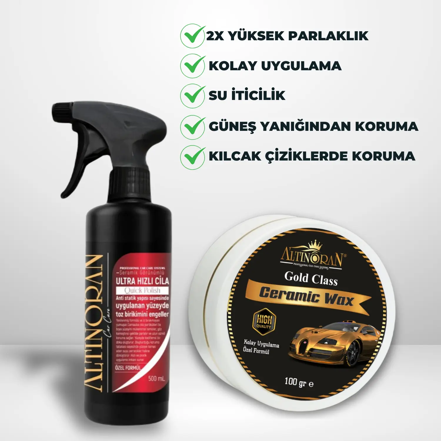 Beyaz kutudaki Altınoran Gold Class Ceramic Wax ve Ultra Hızlı Cila sprey şişesinin bir arada olduğu premium parlaklık seti görseli.-Altınoran Gold Class Ceramic Wax ürününün özelliklerini anlatan tanıtım görseli. Yüksek parlaklık, kalıcılık ve güneş yanıklarında etki gibi faydaları belirtilmiştir.-Altınoran Ultra Hızlı Cila ürününün yüksek parlaklık, hidrofobik su iticilik ve kolay uygulama gibi özelliklerini gösteren tanıtım görseli.-Altınoran Gold Class Wax ve Hızlı Cila setinin faydalarını gösteren görsel. 2X yüksek parlaklık, kolay uygulama ve su iticilik gibi özellikler vurgulanmıştır.