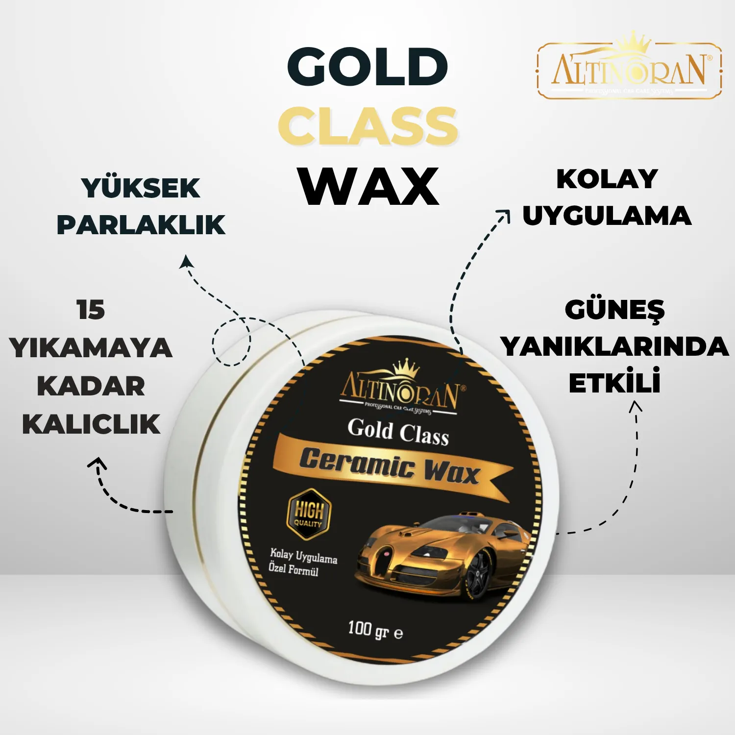 Altınoran Gold Class Ceramic Wax ve Guard Hızlı Cila ürünlerinin bir arada olduğu, parlaklık odaklı araç bakım seti.-Altınoran Gold Class Wax'ın yüksek parlaklık, 15 yıkamaya kadar kalıcılık ve kolay uygulama gibi faydalarını gösteren tanıtım görseli.-Guard Auto Hızlı Cila sprey ürününün yüksek parlaklık, hidrofobik su itici özellik ve kolay uygulama gibi avantajlarını gösteren görsel.-Altınoran Gold Class Wax ve Guard Hızlı Cila setinin 2X yüksek parlaklık, su iticilik ve güneş yanığından koruma gibi ortak faydalarını listeleyen tanıtım görseli.