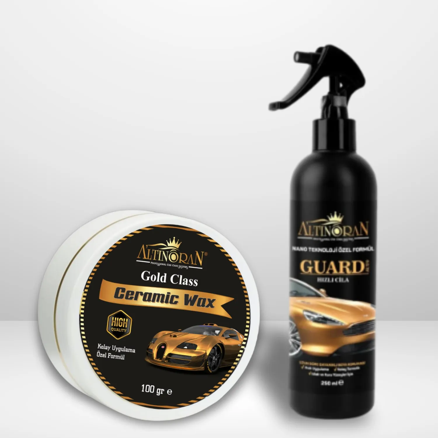 Altınoran Gold Class Ceramic Wax ve Guard Hızlı Cila ürünlerinin bir arada olduğu, parlaklık odaklı araç bakım seti.-Altınoran Gold Class Wax'ın yüksek parlaklık, 15 yıkamaya kadar kalıcılık ve kolay uygulama gibi faydalarını gösteren tanıtım görseli.-Guard Auto Hızlı Cila sprey ürününün yüksek parlaklık, hidrofobik su itici özellik ve kolay uygulama gibi avantajlarını gösteren görsel.-Altınoran Gold Class Wax ve Guard Hızlı Cila setinin 2X yüksek parlaklık, su iticilik ve güneş yanığından koruma gibi ortak faydalarını listeleyen tanıtım görseli.