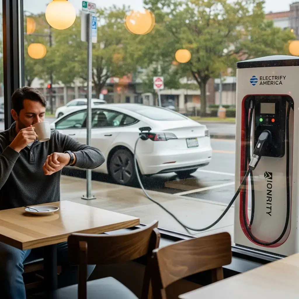 Bir kişinin kahve içerken şarj istasyonundaki elektrikli aracının dolmasını beklemesi.