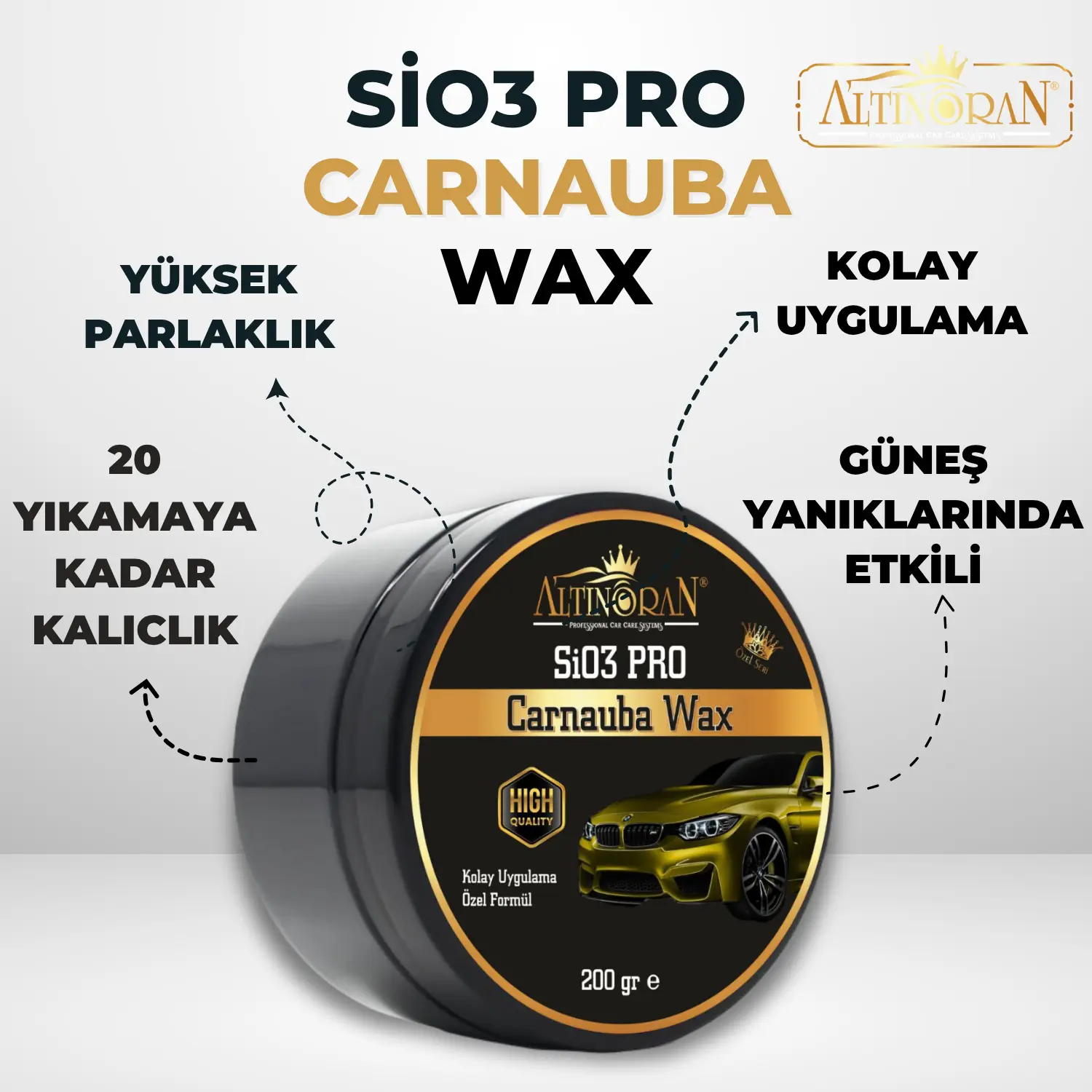 Altınoran SiO3 Pro Carnauba Wax ve Altınoran Ultra Hızlı Cila ürünlerinin bir arada olduğu profesyonel boya koruma ve parlaklık seti görseli.-Altınoran SiO3 Pro Carnauba Wax ürününün faydalarını gösteren görsel. Yüksek parlaklık, 20 yıkamaya kadar kalıcılık ve güneş yanıklarında etki gibi özellikler vurgulanmaktadır.-Altınoran Ultra Hızlı Cila ürününün yüksek parlaklık, hidrofobik su iticilik ve kolay uygulama gibi özelliklerini gösteren tanıtım görseli.-Gümüş renkli bir arabanın güneş yanığı olan kaputunun Altınoran SiO3 Pro Wax ve Hızlı Cila seti ile yenilenmiş hali. Uygulama sonrası mat yüzeyin yüksek parlaklığa ulaştığı görülmektedir.
