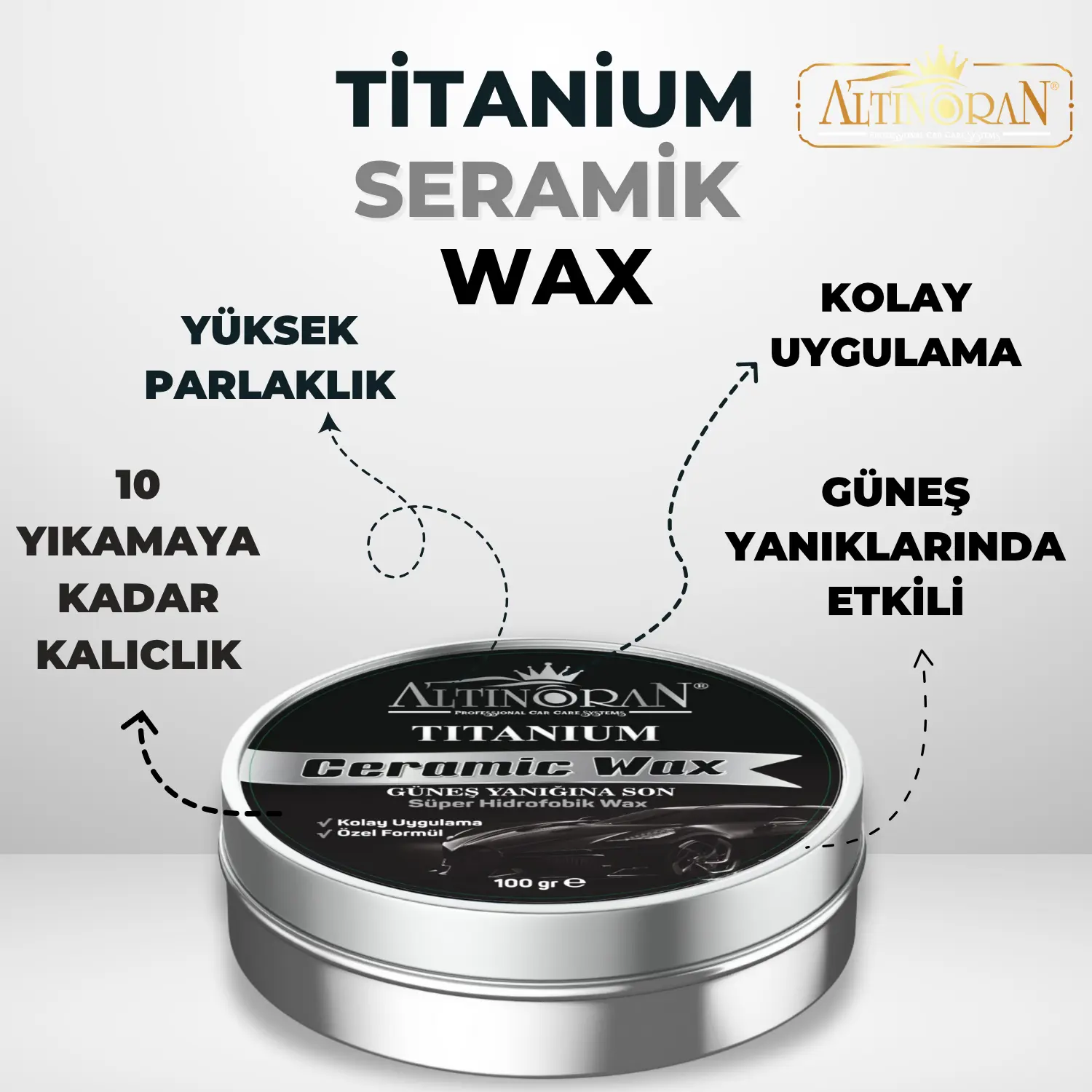 Altınoran Titanium Seramik Wax krem cila ve Altınoran Ultra Hızlı Cila sprey ürünlerinin bir arada olduğu paket görseli.-Altınoran Titanium Seramik Wax ürününün faydalarını anlatan görsel. Yüksek parlaklık, güneş yanıklarına karşı etki ve 10 yıkamaya kadar kalıcılık özellikleri vurgulanmıştır.-Altınoran Ultra Hızlı Cila ürününün yüksek parlaklık, hidrofobik su iticilik ve kolay uygulama gibi özelliklerini gösteren tanıtım görseli.-Kırmızı bir araba kaputunda Altınoran seramik cila ve hızlı cila 