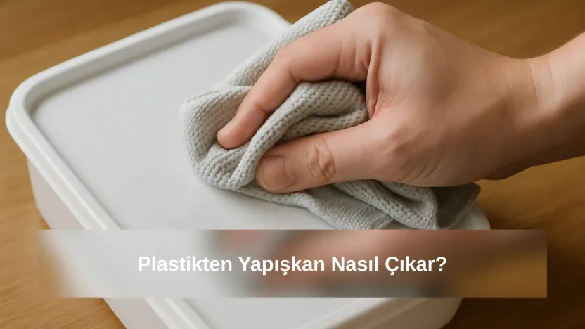 Plastik saklama kabının kapağındaki etiket yapışkanını mikrofiber bezle silen elin yakın plan fotoğrafı