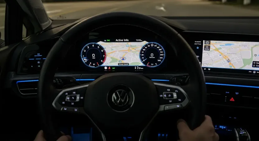 Volkswagen Golf 7.5 Highline modelinin 'Hayalet Gösterge' olarak bilinen Active Info Display dijital kokpitinin yakın çekimi.