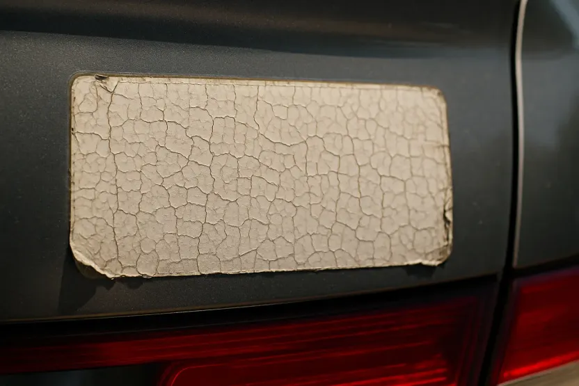 Güneş altında uzun süre kalmaktan çatlamış ve soyulması zorlaşmış eski bir araba sticker'ı yakından görünümü