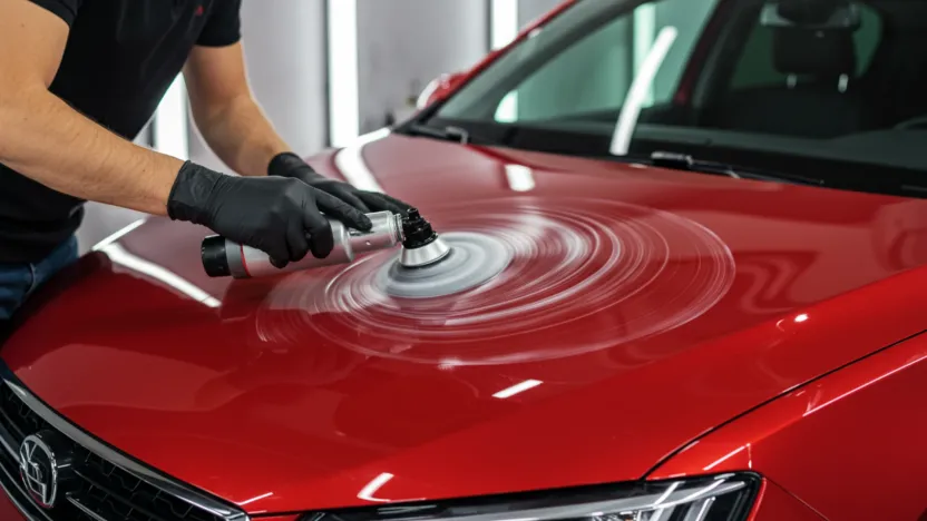 Seramik wax ile boya koruma uygulanan parlak kırmızı hatchback
