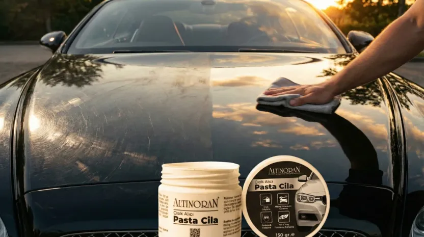 Parlak siyah bir araba kaputu üzerinde pasta cila uygulaması