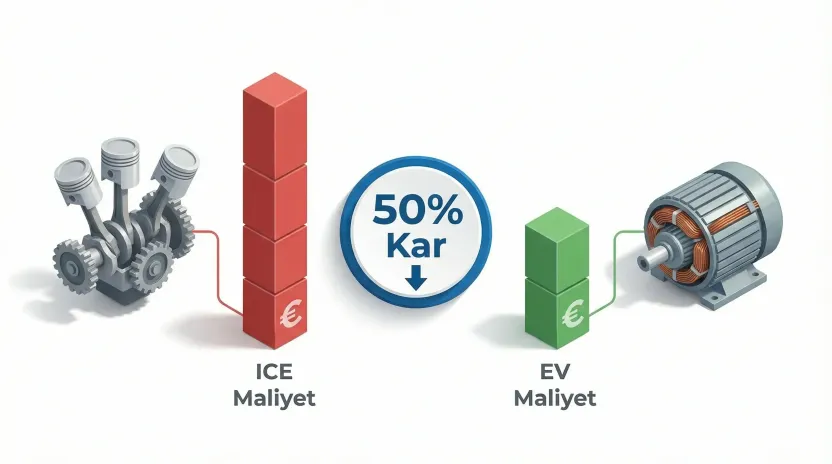 İçten yanmalı motor ve elektrikli araç bakım maliyeti karşılaştırma grafiği