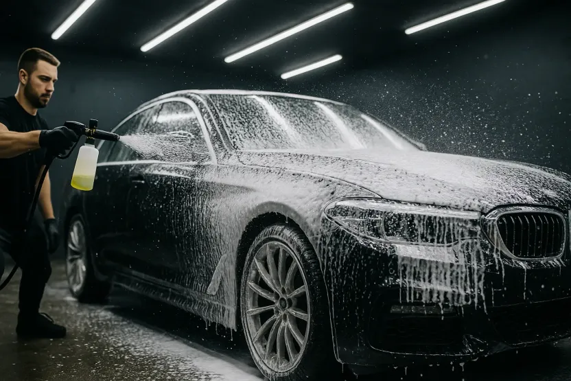 Profesyonel oto detailing sırasında köpükle kaplanan siyah sedan