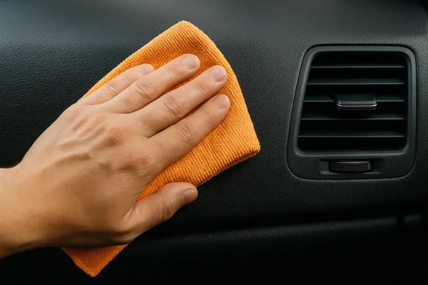 Turuncu mikrofiber bezle araba torpidosunun silinerek temizlenmesi, havalandırma menfezi detayı.