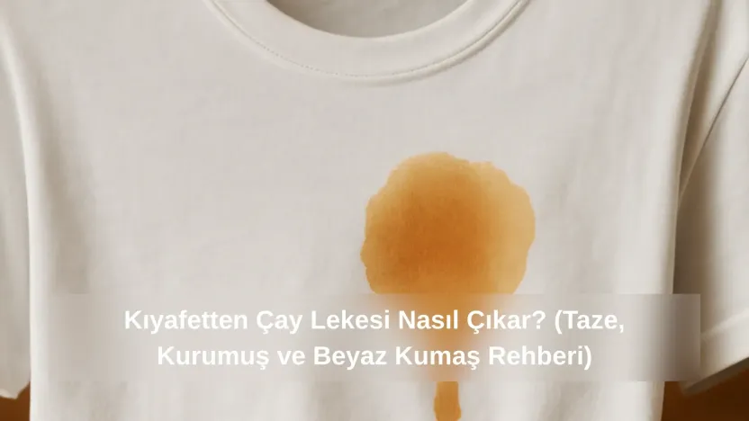Beyaz tişört üzerindeki taze çay lekesini gösteren yakın plan gerçekçi görsel