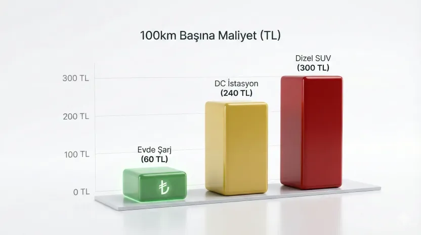 2025 yılı elektrikli araç ev şarjı ve dizel yakıt maliyet karşılaştırma grafiği