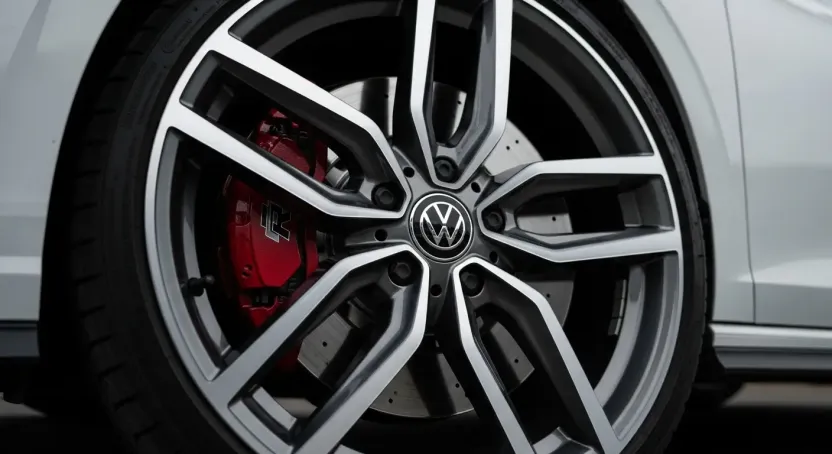 Volkswagen Golf 8 R-Line paketine özgü, sportif tasarımlı 18 inç Bergamo alüminyum jantın yakın plan fotoğrafı.