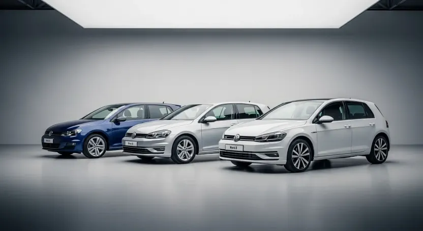 Üç farklı nesil Volkswagen Golf yan yana: Klasik Golf 7, makyajlı Golf 7.5 ve modern Golf 8'in tasarım evrimini gösteriyor.