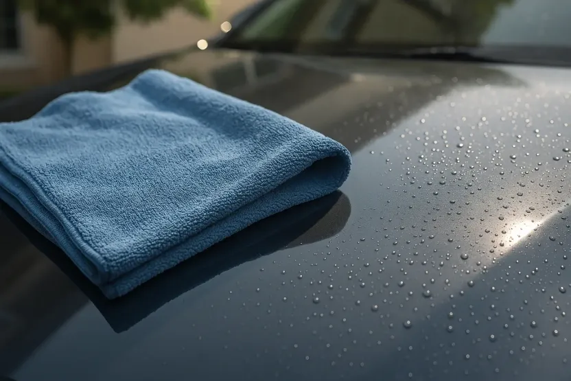 Büyük mikrofiber kurulama havlusu ile araba kaputunun kurulanması