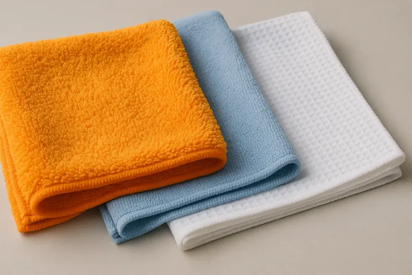 Farklı dokularda araç temizliği için mikrofiber bez çeşitleri: kurulama, genel amaçlı ve cam bezi.
