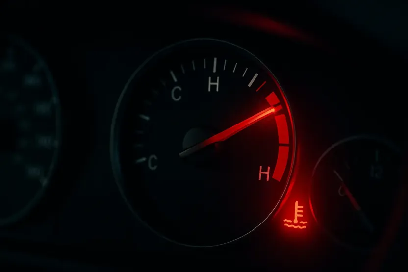 Arabanın gösterge panelinde kırmızıya yükselmiş hararet göstergesi ve yanan uyarı ışığı