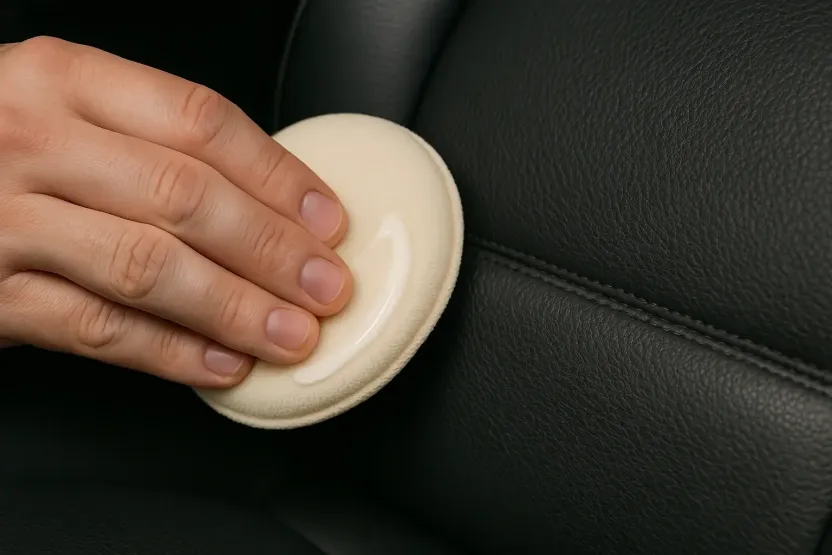 Temizlenmiş araç deri koltuğuna uygulama pedi ile deri bakım kremi (conditioner) sürülmesi.