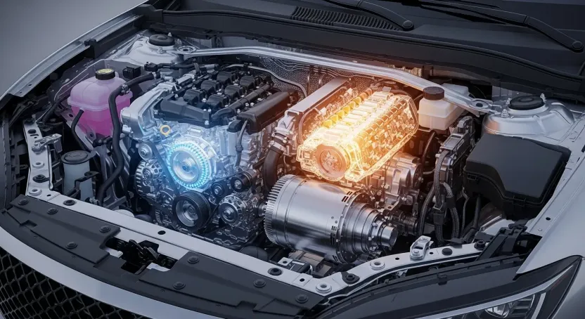 Hibrit bir arabanın kaputunun altındaki motor ve batarya sistemi.