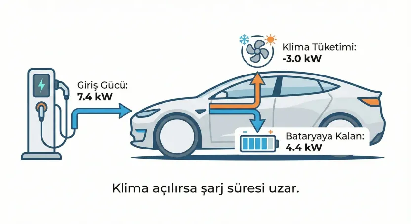 Klima açıkken şarj süresinin nasıl etkilendiğini gösteren teknik infografik