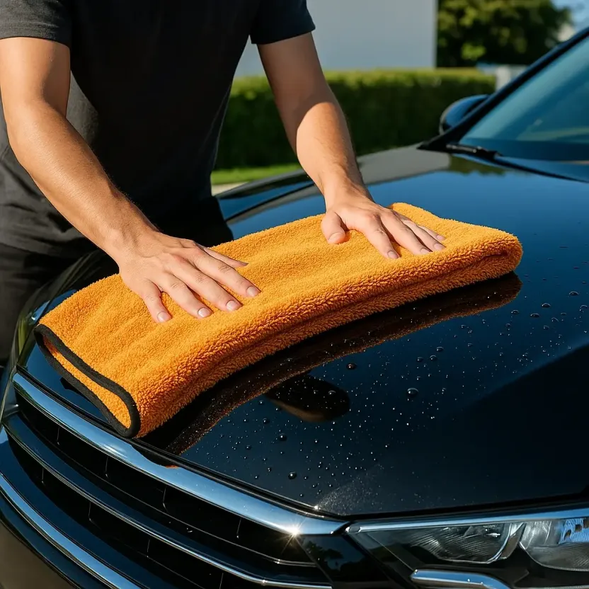 Parlak siyah bir arabayı büyük turuncu bir mikrofiber kurulama havlusu ile kurulayan bir kişi