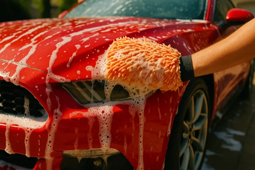 Mikrofiber eldivenle cilalı oto şampuanı ile yıkanan kırmızı spor araba
