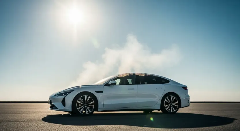 Güneş altında park etmiş modern beyaz elektrikli araba ve asfalttan yükselen sıcak hava dalgaları