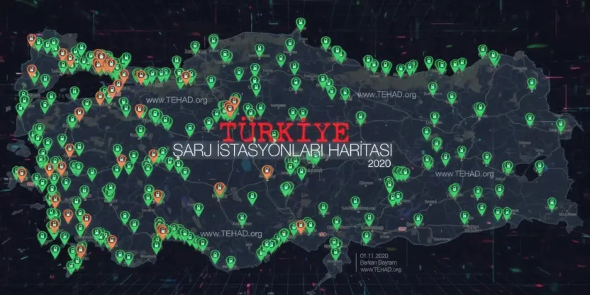 Türkiye haritası üzerinde yayılmış şarj istasyonu noktaları ve otoyollar boyunca uzanan şarj ağı.
