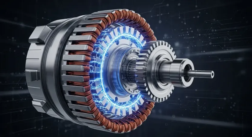 Elektrikli araba motorunun iç yapısını gösteren teknolojik bir görsel