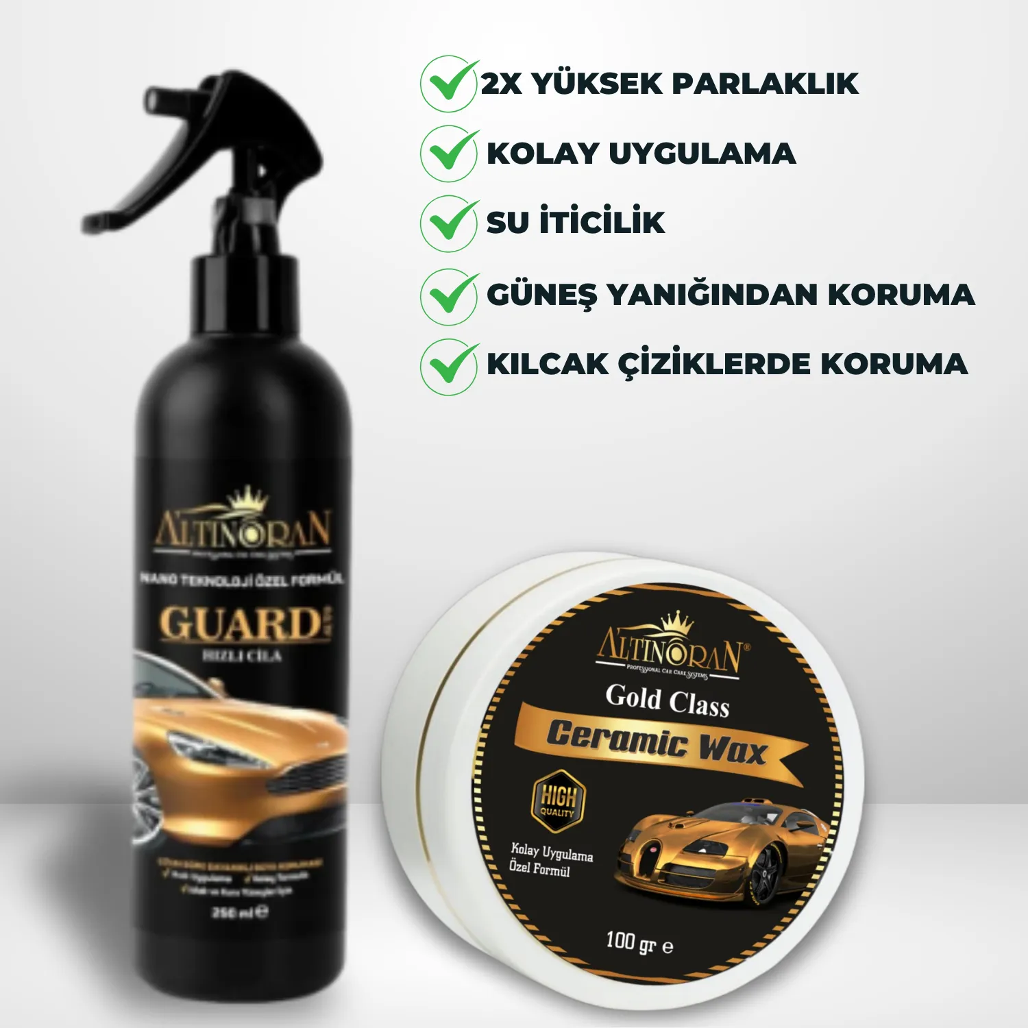 Altınoran Gold Class Ceramic Wax ve Guard Hızlı Cila ürünlerinin bir arada olduğu, parlaklık odaklı araç bakım seti.-Altınoran Gold Class Wax'ın yüksek parlaklık, 15 yıkamaya kadar kalıcılık ve kolay uygulama gibi faydalarını gösteren tanıtım görseli.-Guard Auto Hızlı Cila sprey ürününün yüksek parlaklık, hidrofobik su itici özellik ve kolay uygulama gibi avantajlarını gösteren görsel.-Altınoran Gold Class Wax ve Guard Hızlı Cila setinin 2X yüksek parlaklık, su iticilik ve güneş yanığından koruma gibi ortak faydalarını listeleyen tanıtım görseli.